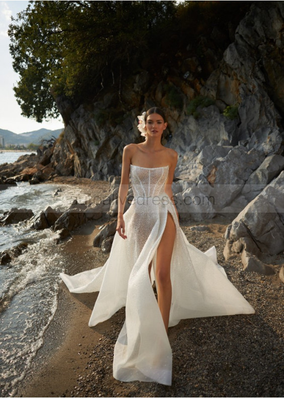 Sexy Glitter Lace Slit Beach Wedding Dress